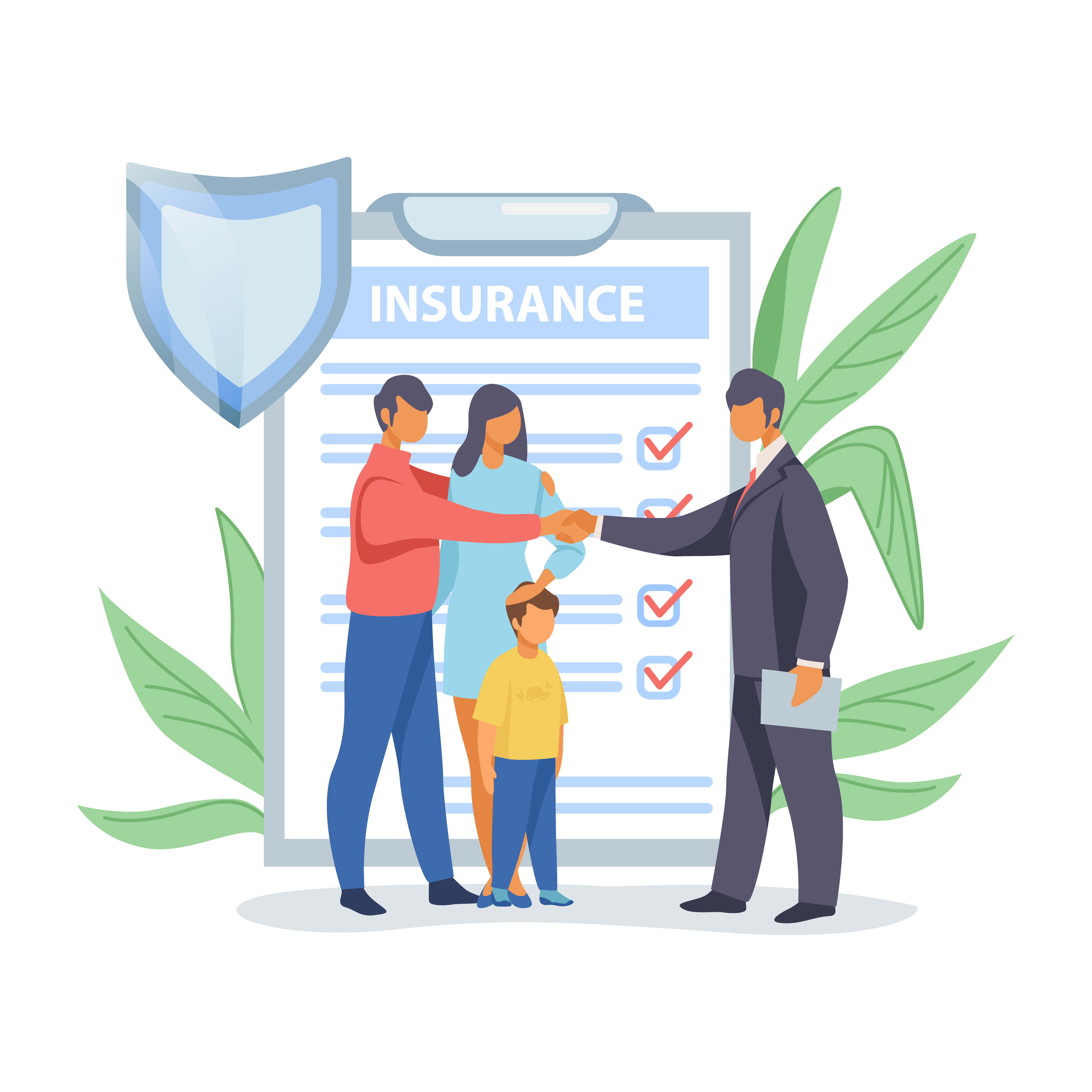 Father shaking hands with insurance agent. Family life insurance flat vector illustration. Insurance concept for banner, website design or landing web page