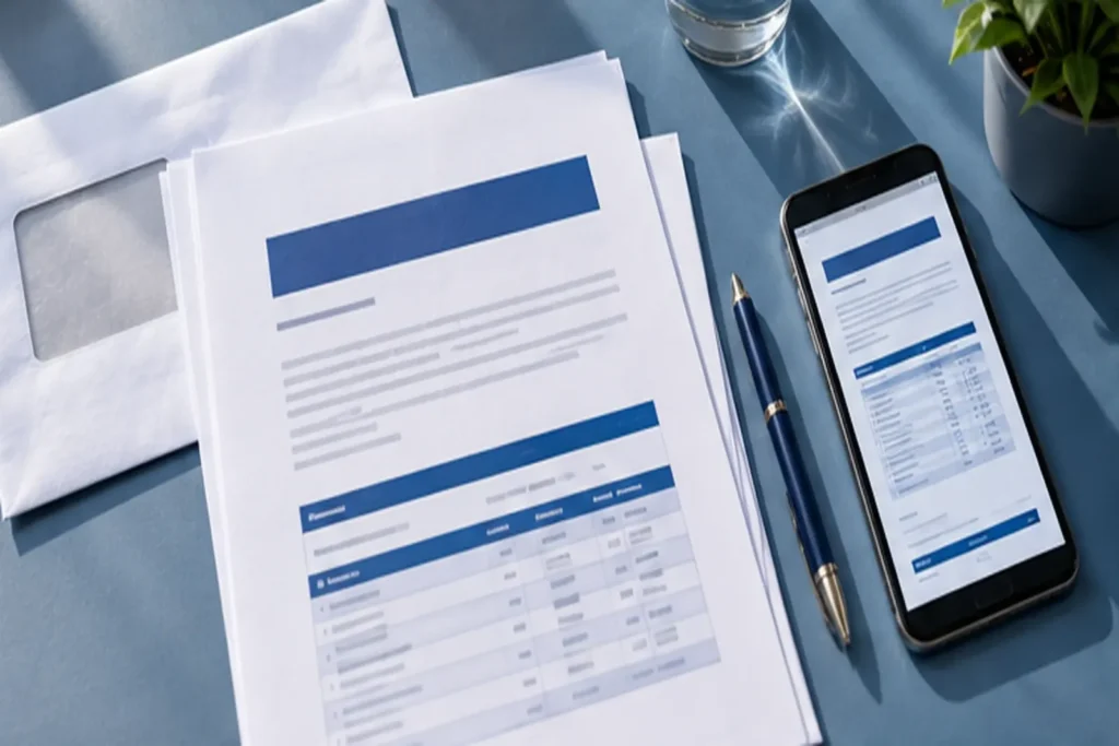 Insurance policy schedule and renewal letter on a desk, with the accessible version on a phone