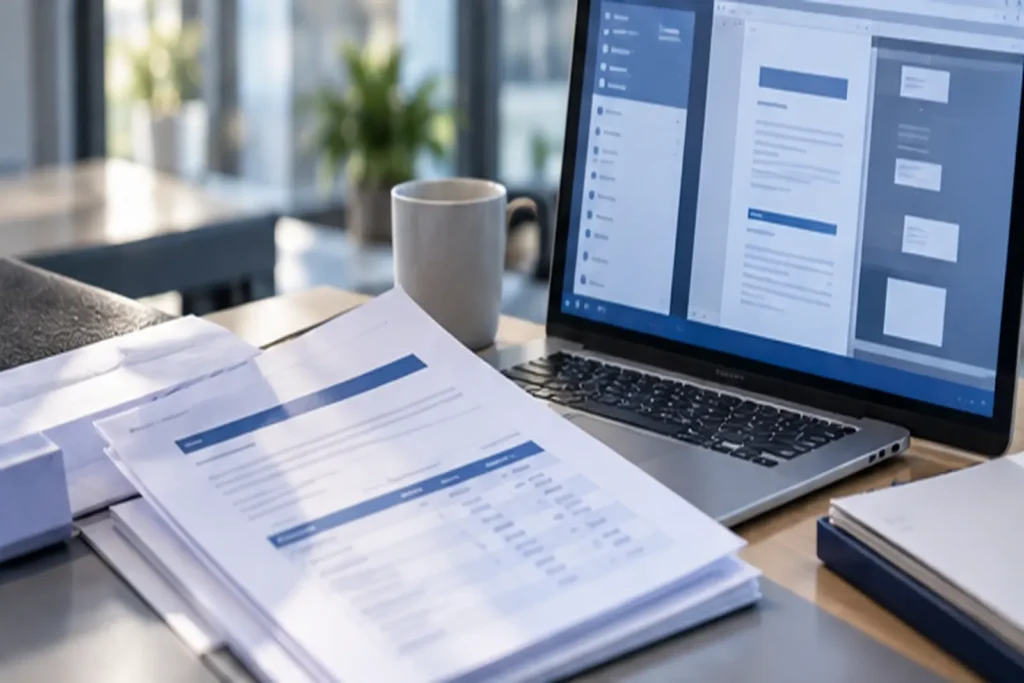 Bank statements and a laptop showing a document layout tool