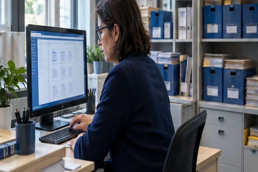 Records officer in a public sector office reviewing a document library