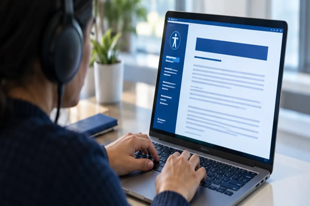 Person using a screen reader with a high-contrast accessible statement on screen